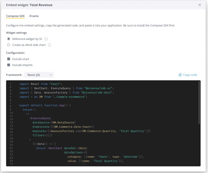 Blog inline CSDKNov2024 An image showing an ‘embed widget,’ with options to use the Compose SDK or an iFrame, with lines of React(JS) code at the bottom.